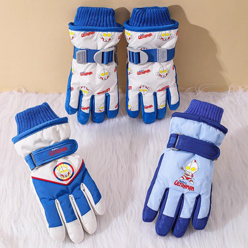 奥特曼儿童滑雪手套男冬季保暖防寒加绒加厚五指男孩宝宝分指防冻