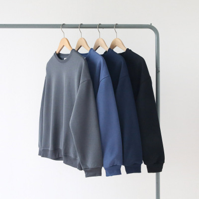 秋冬季纯色碳素灰蓝灰色银狐绒加绒加厚套头圆领落肩卫衣男女宽松