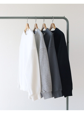 经典黑白灰色系毛圈布秋季白色灰色常规薄款纯 圆领卫衣男 女宽松