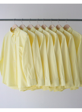 2021春夏薄款纯色水洗小鸡黄浅黄色纯棉衬衫长袖男女宽松bf风潮流