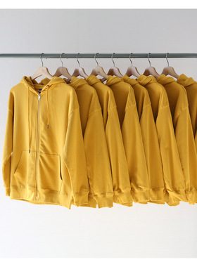 巨显白初秋新款薄款姜黄色连帽拉链卫衣开衫外套男 女 bf风宽松潮