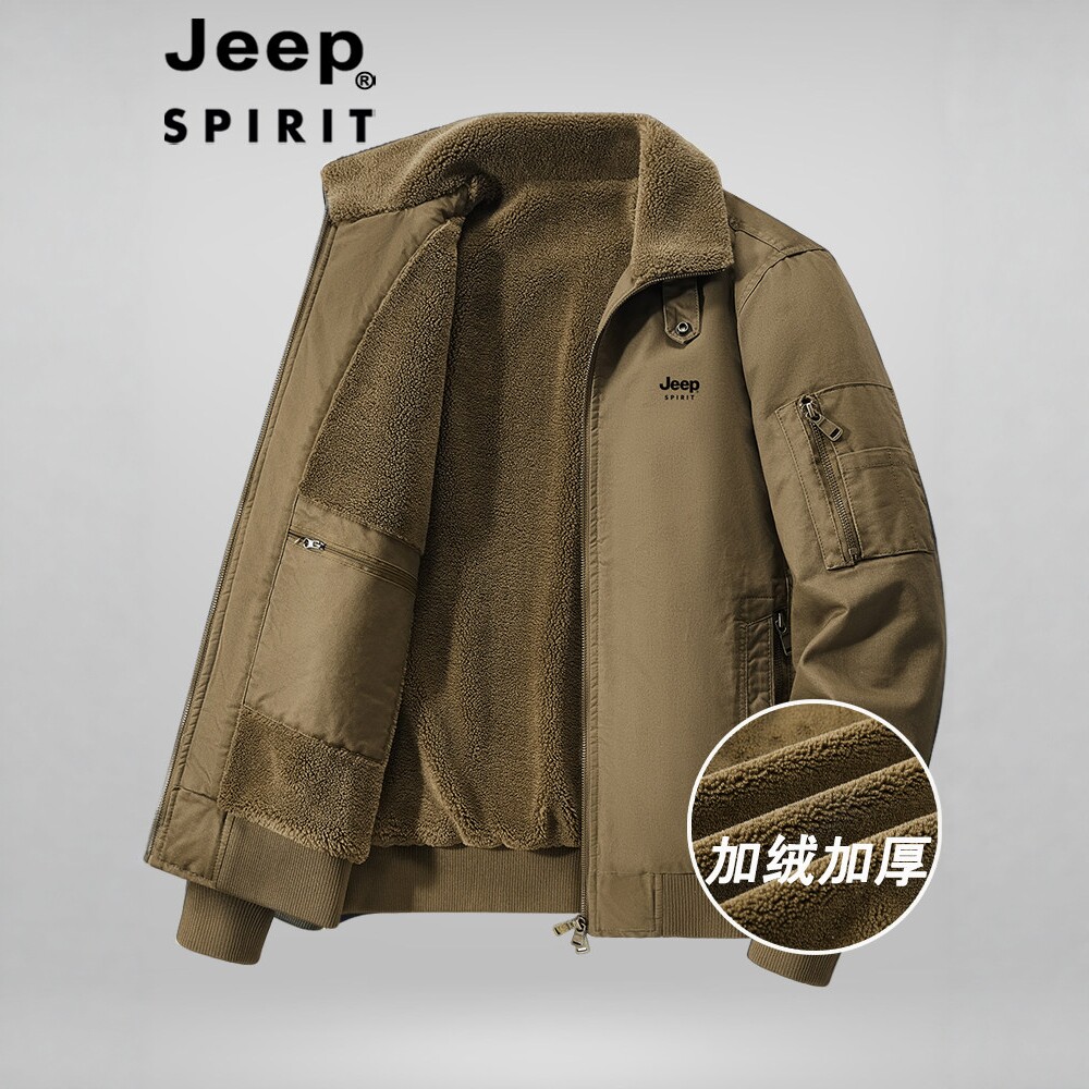 JEEP吉普男士冬季棉衣多口袋纯棉工装加绒夹克加厚保暖羊羔绒外套