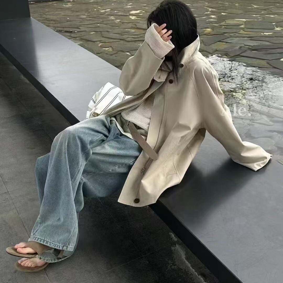 立领风衣外套女短款宽松廓形