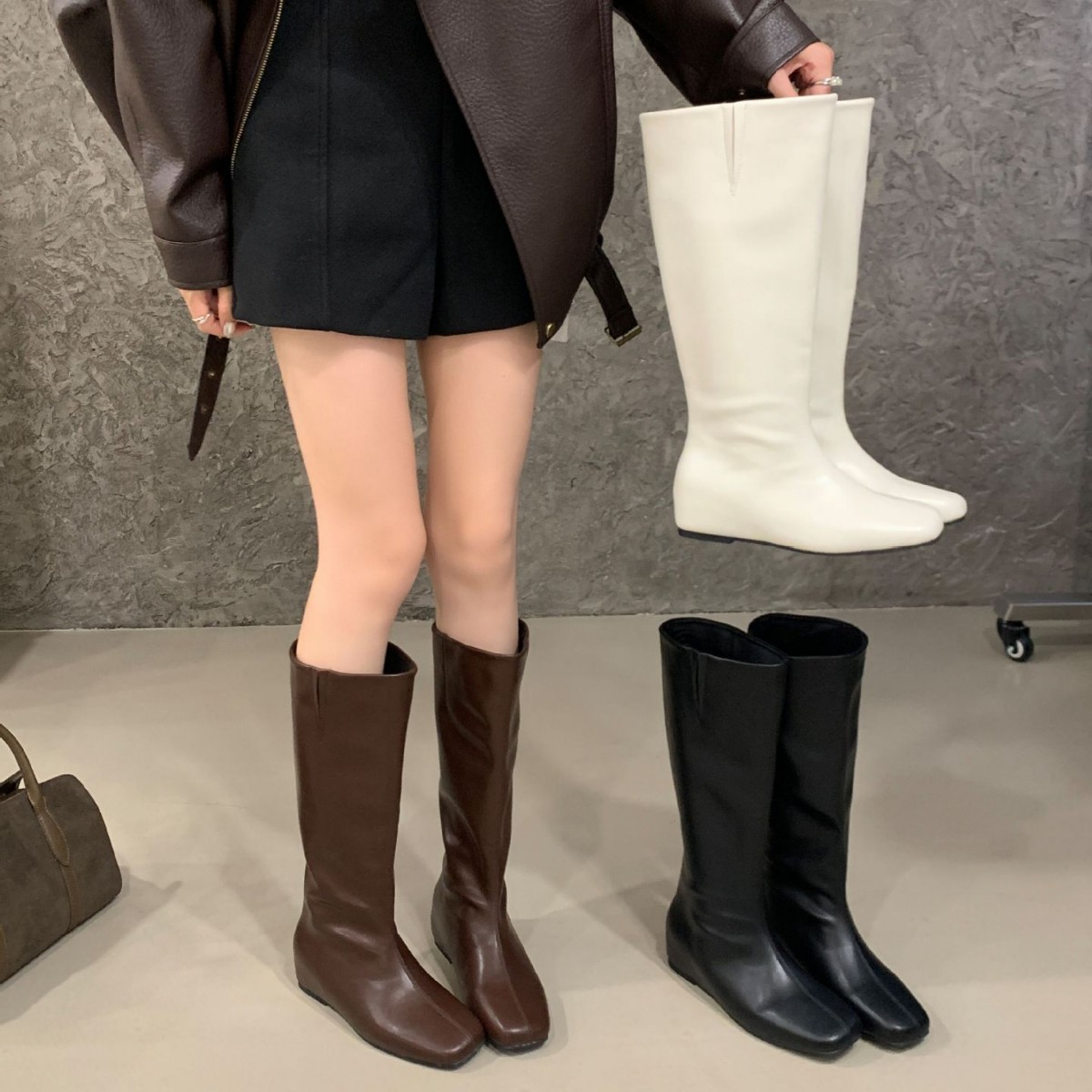 复古方头内增高气质长筒靴秋冬季2025新款百搭瘦瘦靴高筒靴长靴女