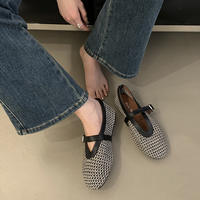 Sheepskin version genuine leather perforated mesh sandals for women in summer, one-shoulder buckle, round toe, flat, shallow toe, Mary Jane single shoe trend thumbnail 5