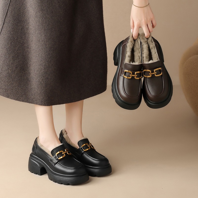 棕色乐福鞋女2025新款冬季厚底加绒雪地靴一脚蹬小皮鞋保暖棉鞋子