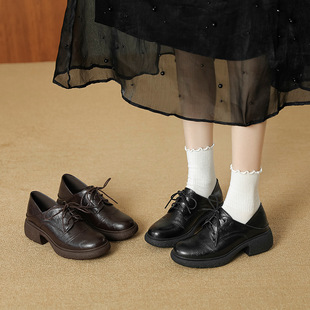 2026年新款英伦风小皮鞋女系带圆头增高复古单鞋黑色粗跟乐福鞋女