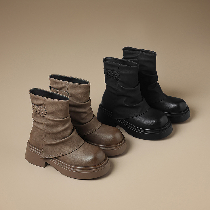 小个子内增高8cm短靴女2025新款厚底裤管靴马丁靴棕色美拉德靴子