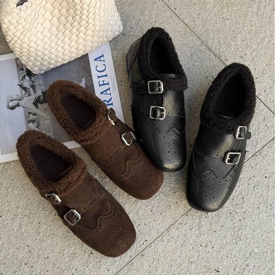 2025冬季新款复古英伦风布洛克小皮鞋通勤百搭玛丽珍鞋加绒毛毛鞋