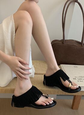 流苏套趾凉拖鞋女2026夏中跟夹脚凉拖外穿百搭内增高坡跟凉鞋厂家