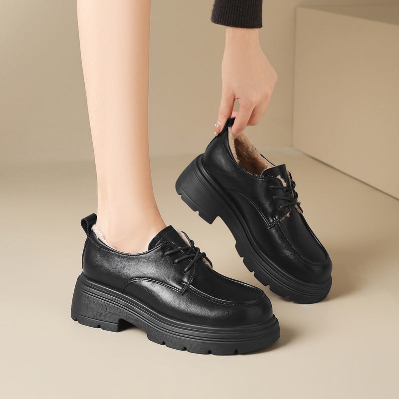 加绒乐福鞋女2025新款冬季英伦风小皮鞋保暖棉鞋棕色厚底增高单鞋