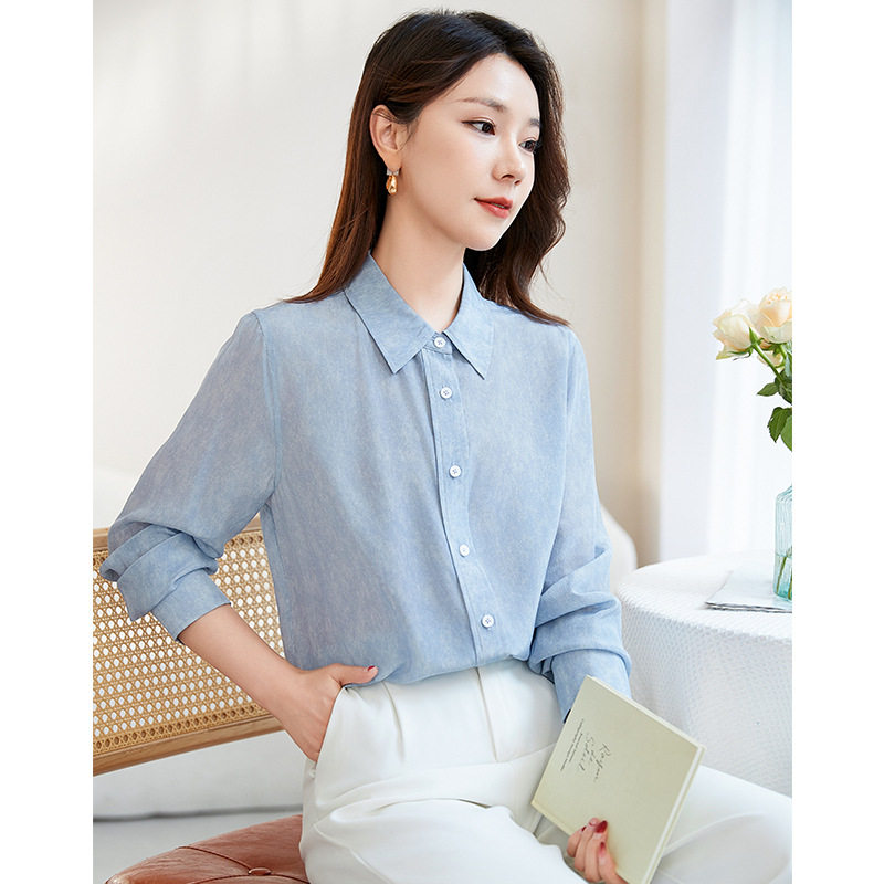春夏季真丝桑蚕丝衬衫14姆米双绉牛仔蓝衬衣女气质显瘦长袖小衫