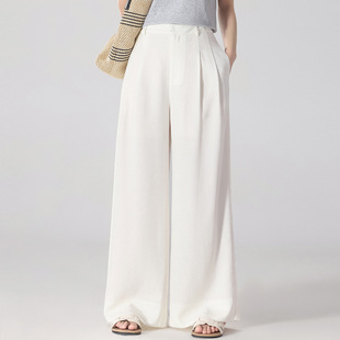 白色进口三醋酸休闲真丝缎面阔腿裤 女春夏宽松显瘦百搭高腰长裤