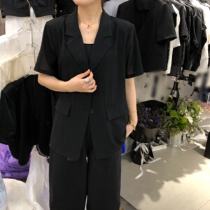 背部镂空短袖西装薄外套女2026夏季新款韩版宽松休闲开衫茉莉3006