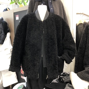 清仓pu皮拼接立领羊羔毛外套女冬新款韩版宽松慵懒风上衣TGM2031