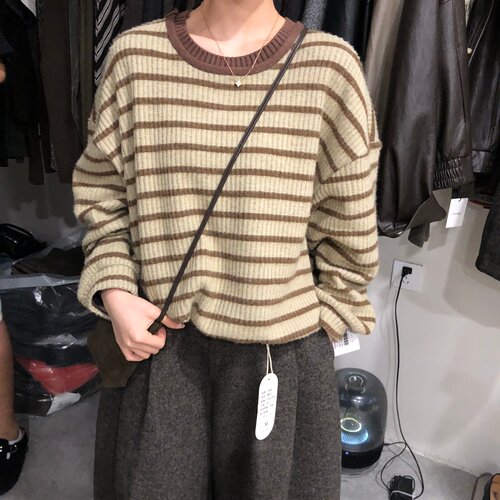 撞色条纹针织衫女2026秋季新款韩系宽松休闲圆领遮肉上衣MG26088