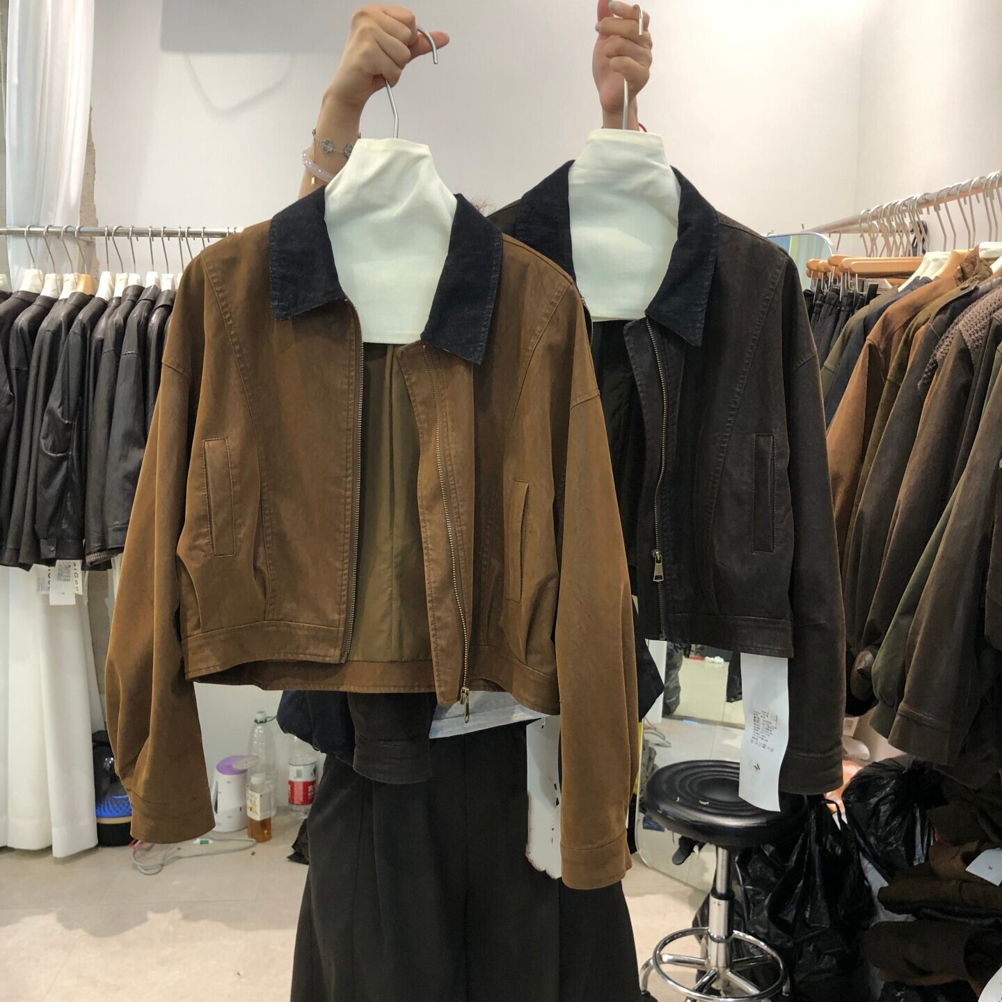 牛仔翻领拼接Pu皮衣女2026秋季新款韩版宽松休闲夹克外套MG26909