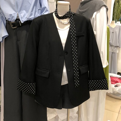 老钱风波点飘带V领西装外套女2026春季新款韩版宽松西服女HKM7531