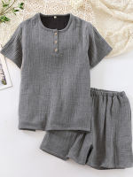 【 Pure Cotton four-layer Yarn 】 Couple pajamas, short sleeves and shorts, summer pure cotton solid color checkered men's and women's pajamas set thumbnail 7