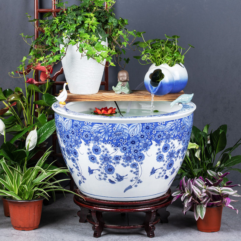 景德镇青花陶瓷锦鲤古法养金鱼缸流水造景院门海睡莲荷花缸大水缸