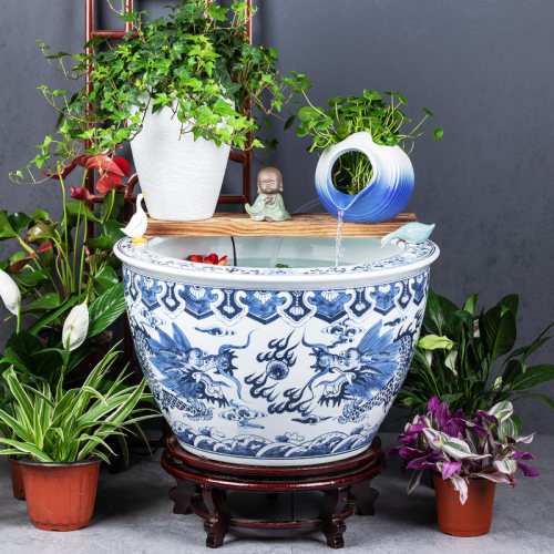 景德镇青花手绘陶瓷大缸古法养金鱼缸造景流水循环阳台庭院荷花缸