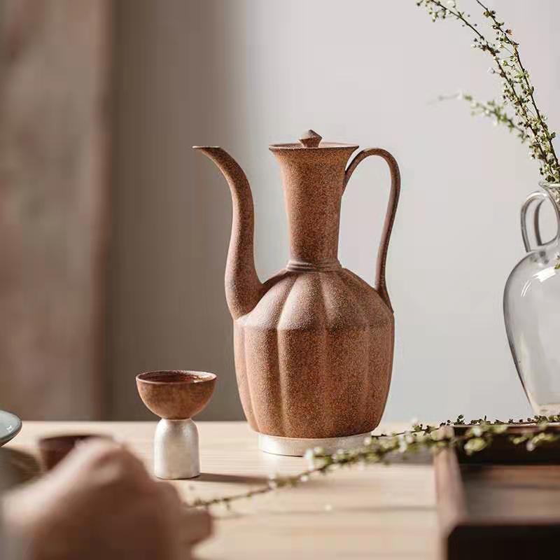 复古宋式执壶台湾老岩泥鎏银精品酒具套仿古中式陶瓷白酒杯醒酒壶