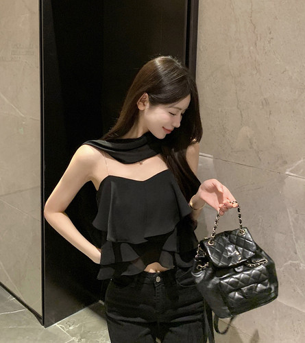 Real price real shot Han man female secretary with Ribbon Chiffon suspender vest off shoulder spicy girls short top