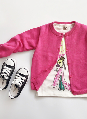 春夏薄款日系四季婴幼儿小女孩宝宝玫红色棉线针织空调开衫外套