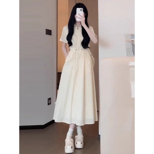 韩系抽绳收腰连衣裙女夏季 大码 微胖mm显瘦polo领工