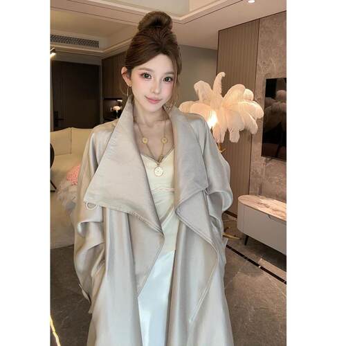 极简大翻领系带收腰长款风衣女