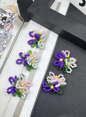 撞色手工编织小花簇鞋花耳夹