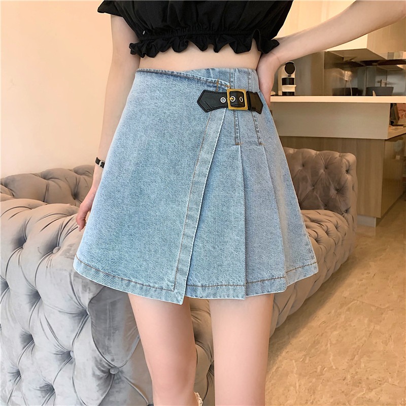 High waist A-line pleated skirt denim skirt trouser skirt