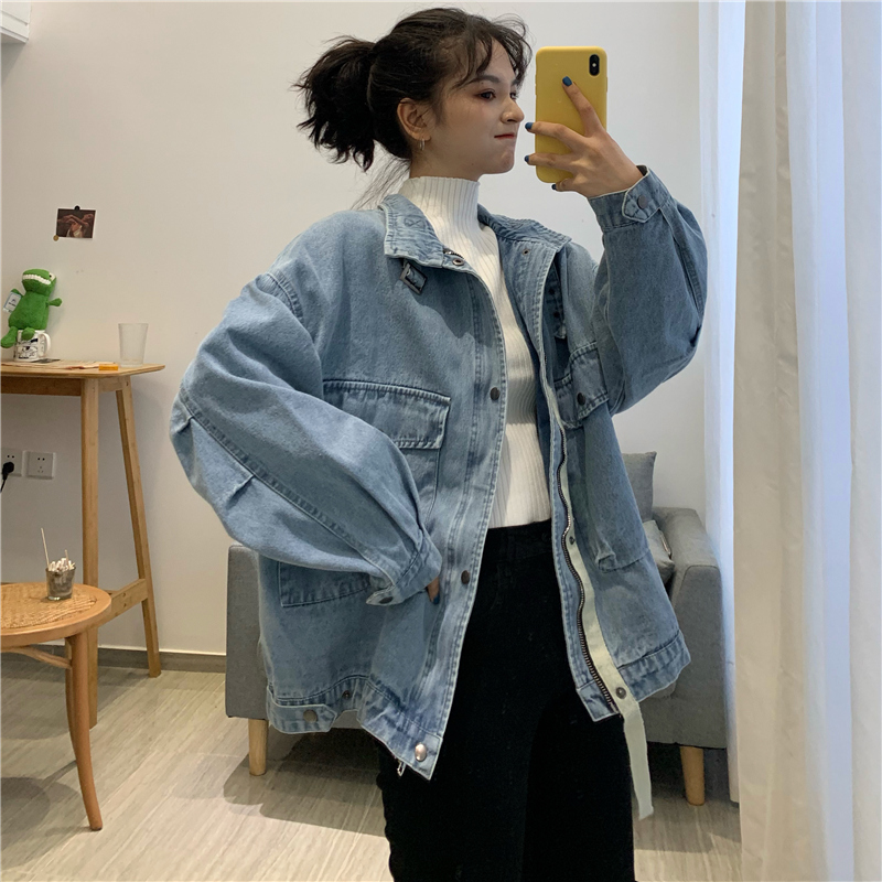 Take a picture of spring's new vertical collar work clothes casual jacket large pocket zipper denim coat