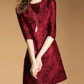 外贸2025春秋新款 遮肚气红色质长袖 大牌提花送妈妈女A字高端裙子