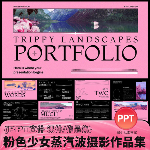 粉色少女蒸汽波艺术小众风景摄影师设计师求职面试作品集PPT模版