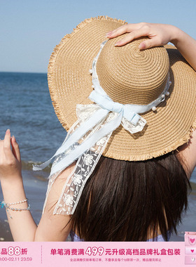 PP配饰=小众原创海边度假奶蓝色蝴蝶结丝带草帽沙滩大帽檐太阳帽