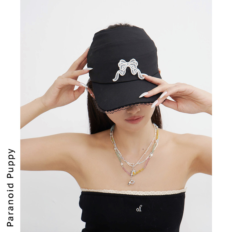 PP饰品 韩系时尚蕾丝蝴蝶结帽子女设计感小众遮阳防晒黑色鸭舌帽