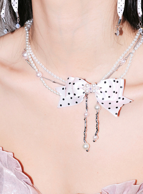 小众miu系原创 桃乐丝重工缠绕珍珠项链粉色蝴蝶结节日氛围choker