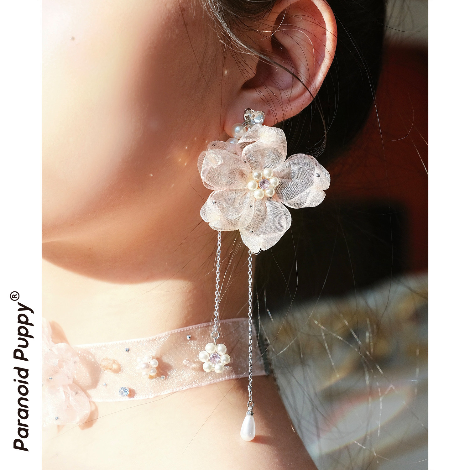 PP饰品《花间游》小众春日樱花欧根纱珍珠流苏耳环女长款耳坠耳夹