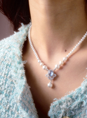 PP原创《拾温》雪花海蓝宝珍珠925纯银项链女轻奢小众高级锁骨链