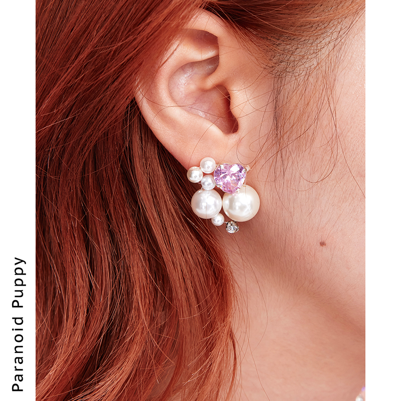 PP饰品《绫》珍珠粉色爱心耳环女小众轻奢耳钉高级感复古耳饰耳夹