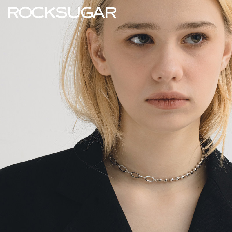 S925银粗链条圆珠拼接项链choker