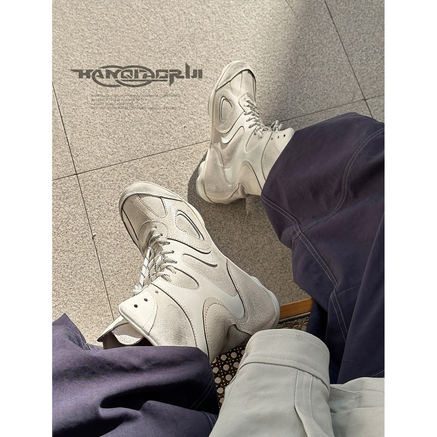 韩桥日记[幽渊系列]"解构"复古做旧擦脏高帮德训鞋白色拼接拳击靴,流行男鞋,德训鞋,淘宝优惠券,粉丝福利购,淘宝优惠卷