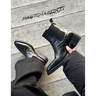 韩桥日记 尖头雅痞短筒靴子牛皮厚底切尔西靴男靴巫师靴 未来系列