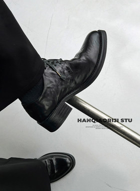 韩桥日记[未来系列]小众雅痞褶皱感头层牛皮尖头皮鞋男厚底德比鞋