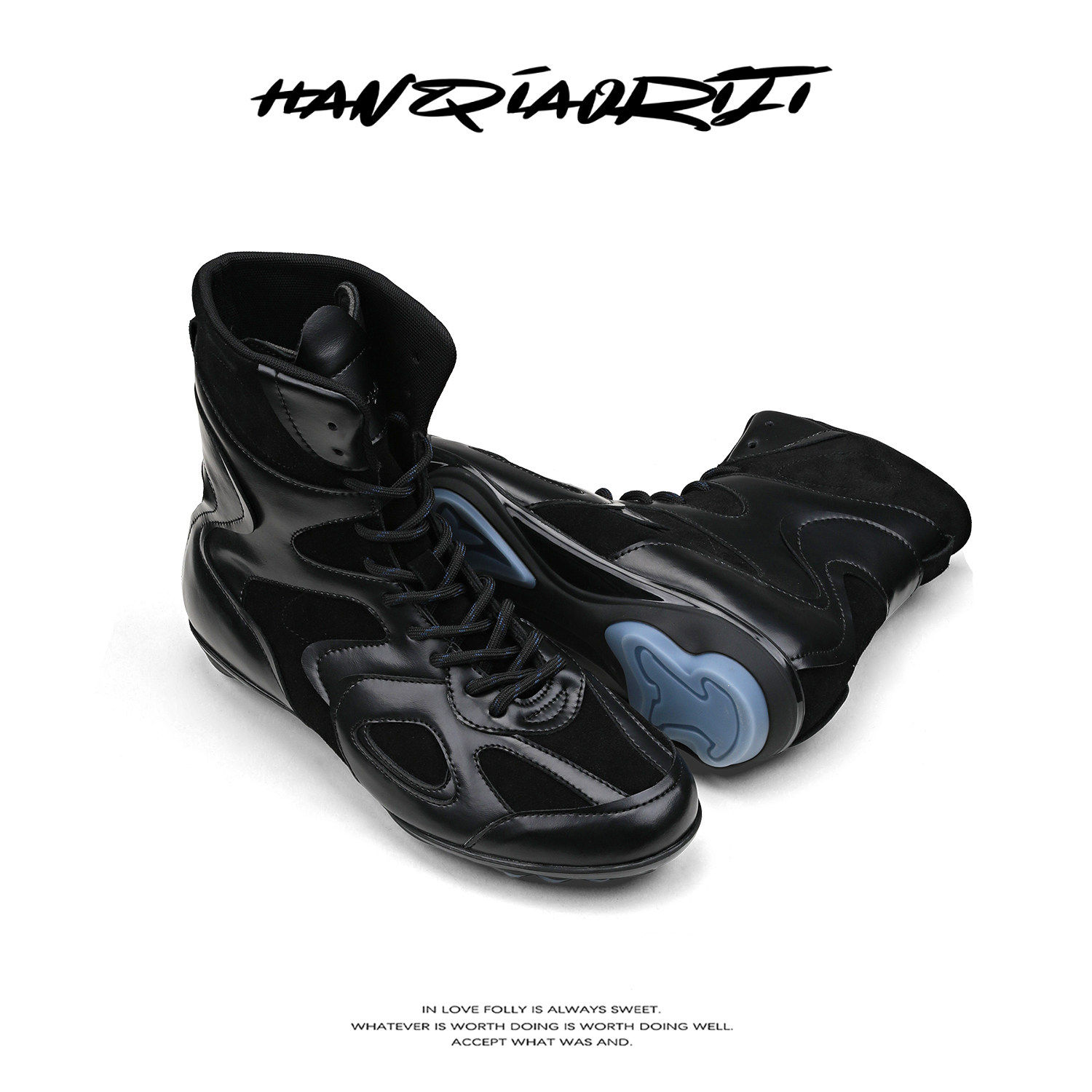 韩桥日记[幽渊系列]"解构"小众高级拼接休闲高帮德训鞋黑色拳击靴