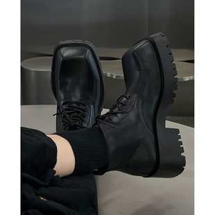 韩桥日记「异型系列」秀款 增高厚底德比方头短靴子男潮真皮马丁靴
