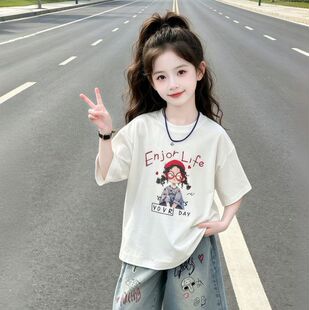 【100%纯棉】夏季爆款女童短袖t恤中大童宽松圆领半袖百搭上衣潮