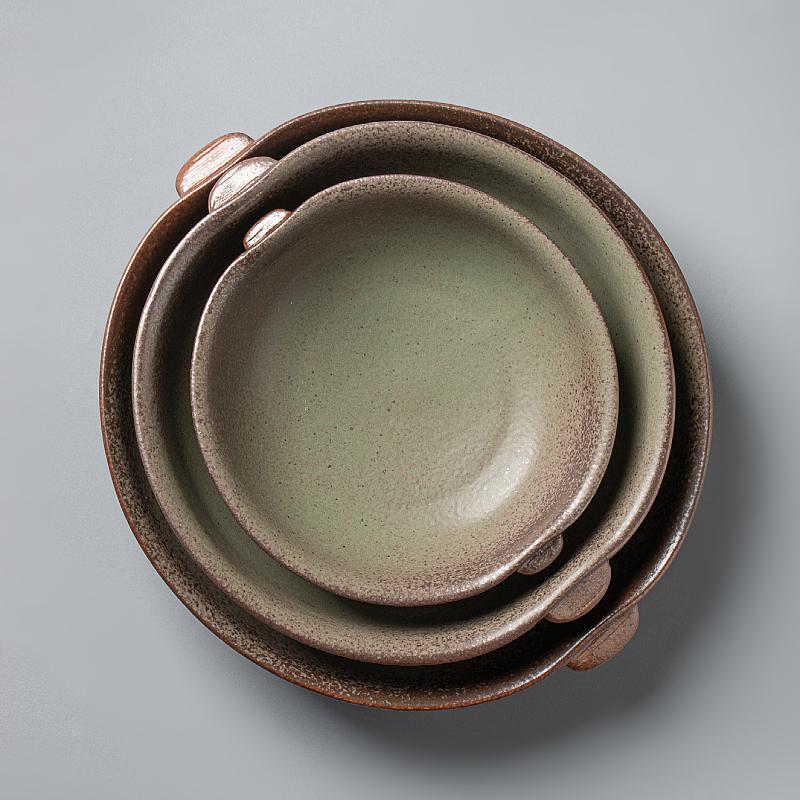 日式手工粗陶双耳圆形盘套装家用复古餐厅餐具简约面碗燕麦沙拉碗