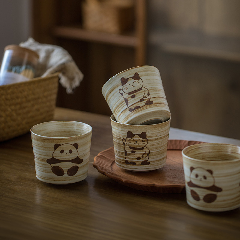 手绘咖啡杯熊猫招财猫手作早餐牛奶杯粗陶暖手杯酒店创意水杯牙杯,餐饮具,咖啡杯,淘宝优惠券,粉丝福利购,淘宝优惠卷